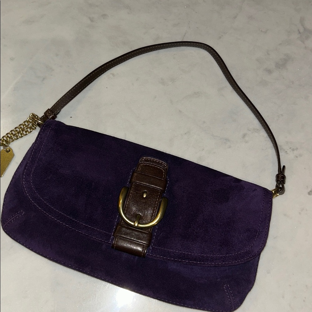 COACH Suede Purple Shoulder Baguette with satin interior